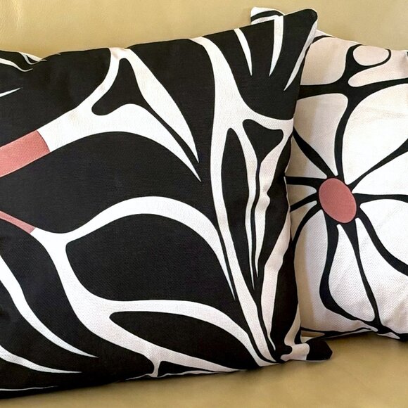 Set/2 18x18 Black Beige Modern Abstract Botanical Throw Pillow Cushion Covers - Picture 1 of 8